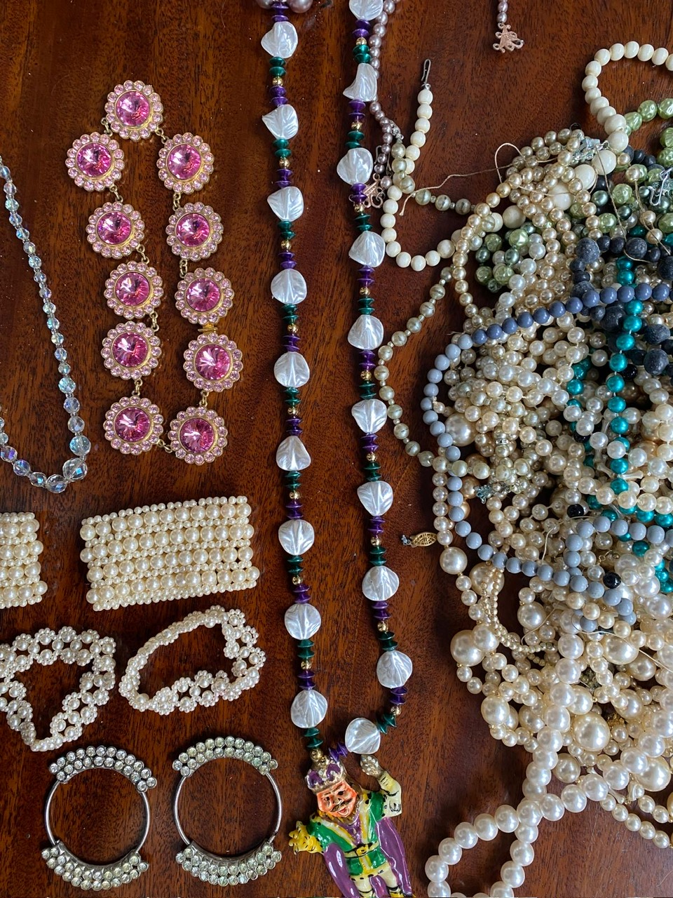 Costume jewellery – two diamante necklaces, brooches and earrings and a large selection of imitation pearls